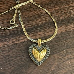 JJ Signed Gold Tone and Marcasite Heart Pendant Necklace